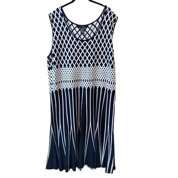 Ashley Stewart Navy/Cream Geometric Tealength Plus Size Sweater Dress (26) - Picture 1 of 3